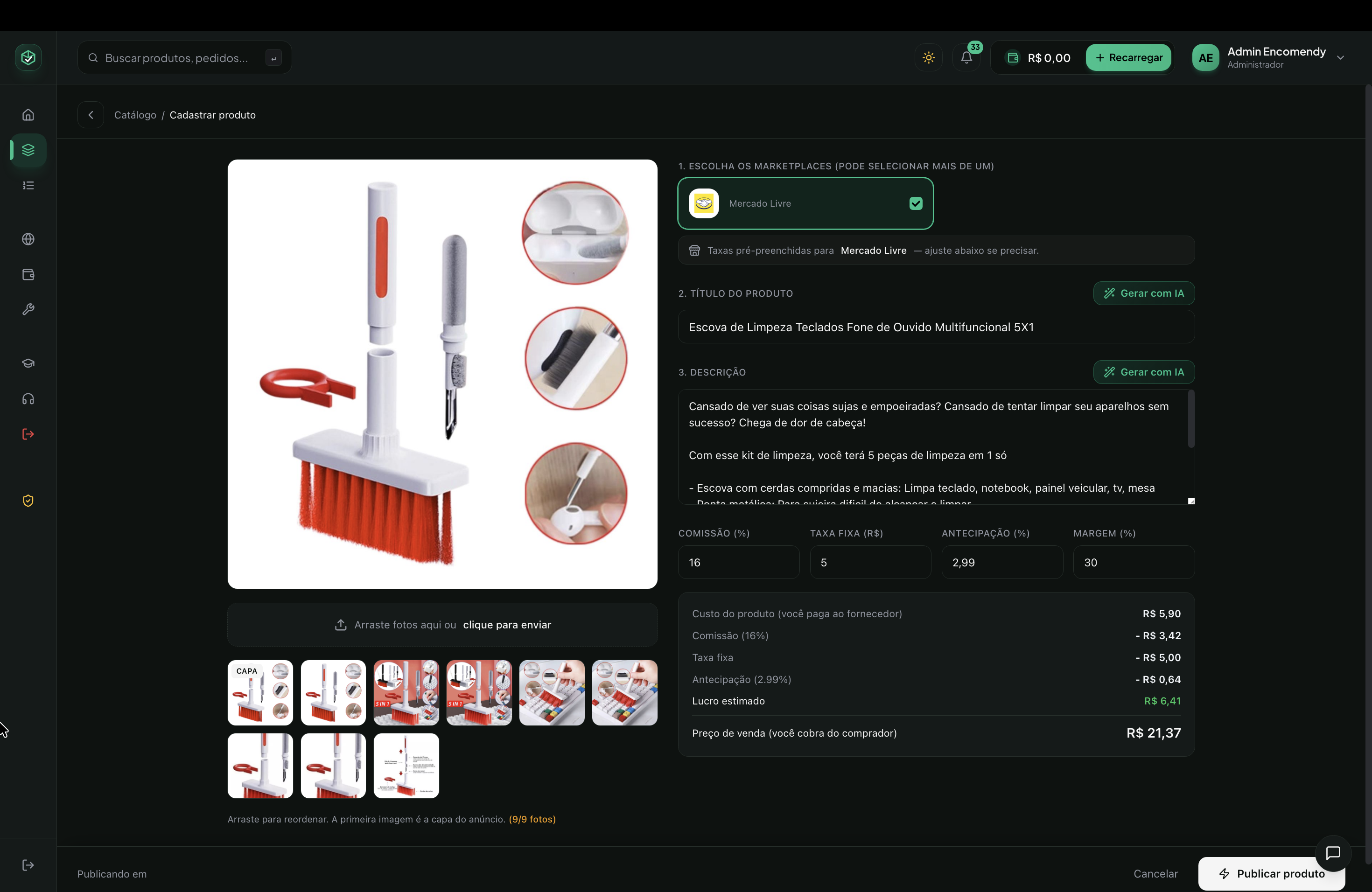 Tela de cadastro de produto da Encomendy com marketplace, título, descrição, taxas e cálculo de preço de venda