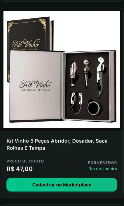 Kit vinho com 5 peças no catálogo da Encomendy, com preço de custo e fornecedor