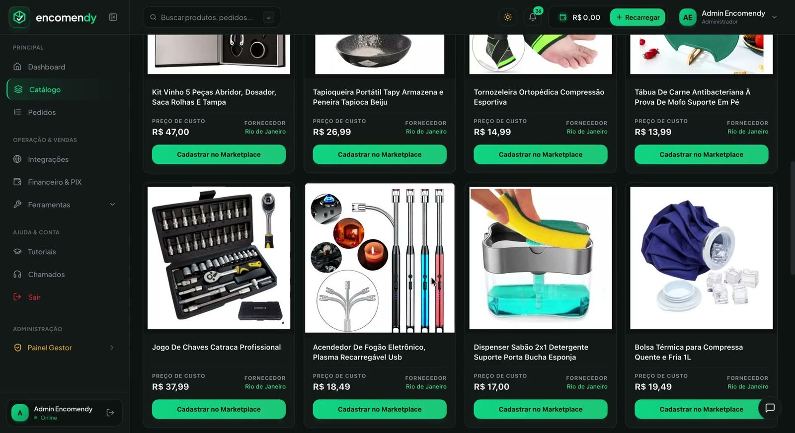 Catálogo da Encomendy com produtos, preço de custo, fornecedor e o botão Cadastrar no Marketplace.