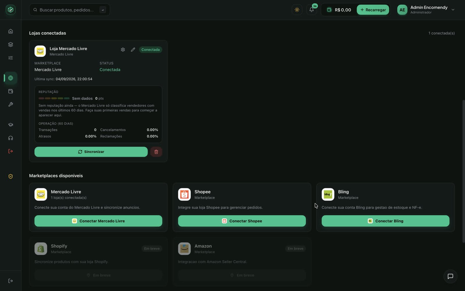 Tela de integrações da Encomendy com Mercado Livre, Shopee e Bling.